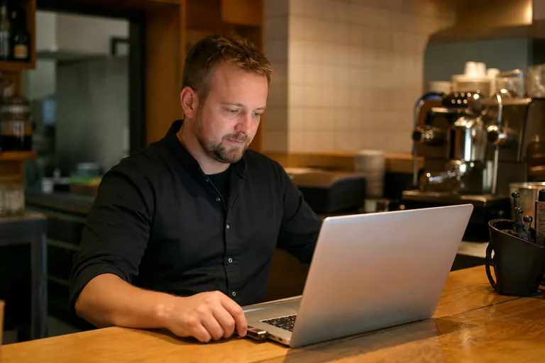 Restaurantmitarbeiter bereitet einen Kassendatenexport am Laptop vor.