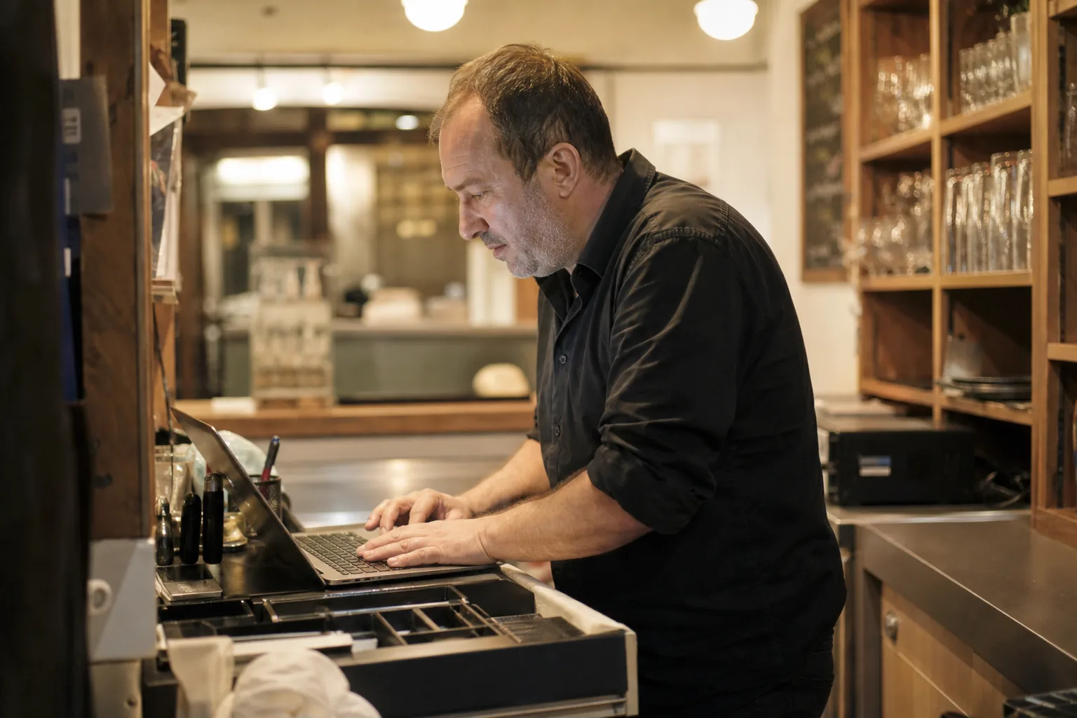 Gastronom prüft eine digitale Bestätigung neben seiner Kasse.