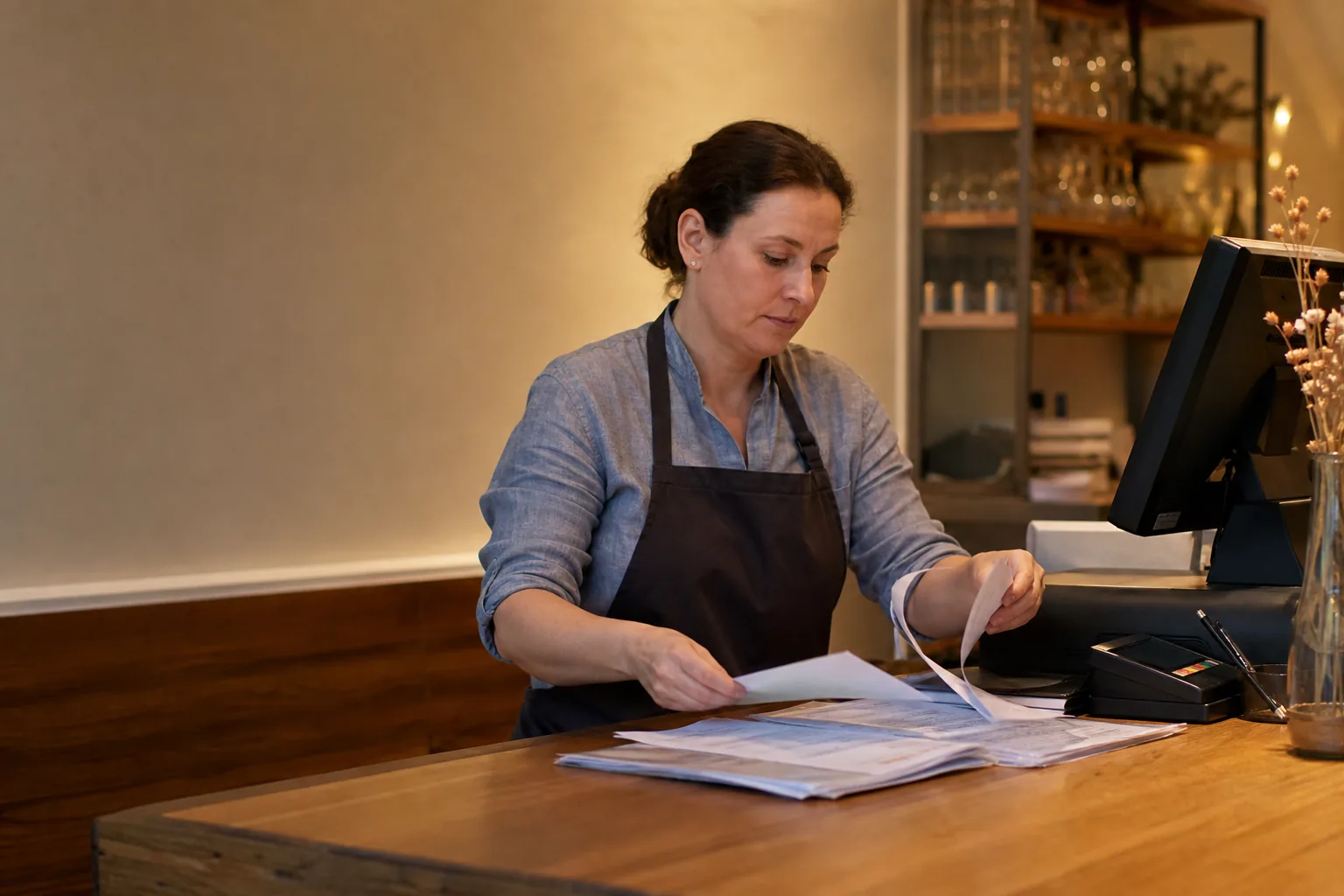 Restaurantbetreiberin ordnet Kassenunterlagen neben einer elektronischen Kasse