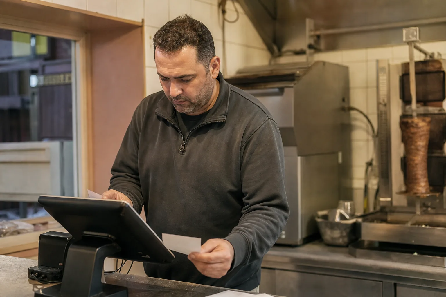 Imbissbetreiber prüft eine TSE-Seriennummer anhand von Kassenunterlagen.